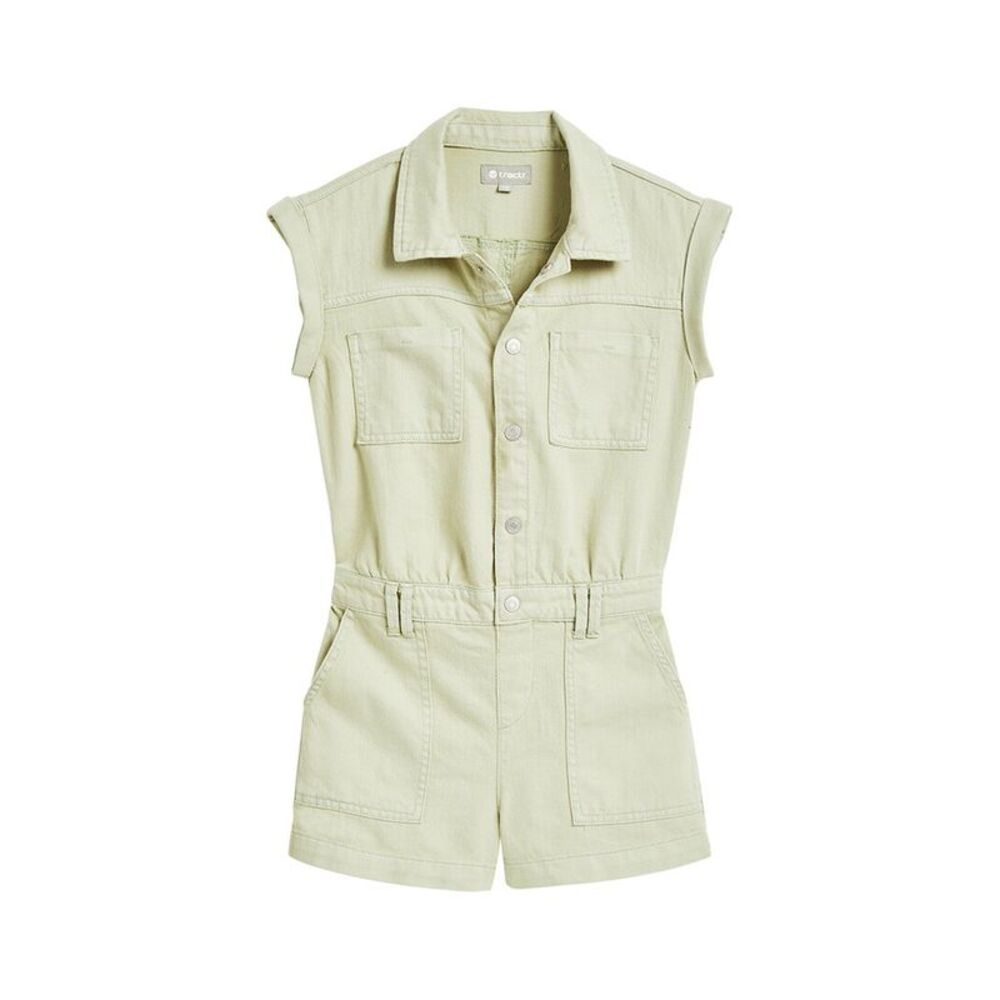 Tractr Girls Jeans Cargo Romper With Patch Pocket, Green